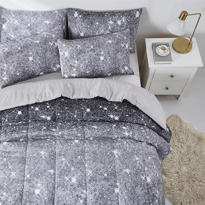 Grey Glitter Comforter Set Full/Queen Size for Boys Teen, Sparkle Galaxy Twinkle Starlight Comforter for Kids Adult, 3 Piece Black Grey Ombre Bedding Set with 2 Pillow Cases(Grey,Queen)