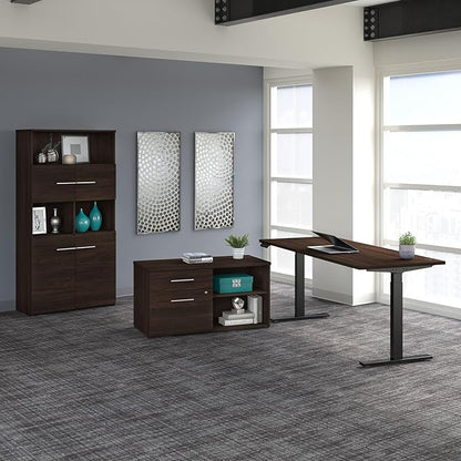Bush Business Furniture Office 500 Height Adjustable Standing Desk with Storage and Bookcase, 72W, Black Walnut