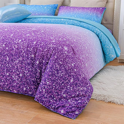 A Nice Night Girls Comforter Set Twin Size 6 Piece Bed in A Bag 3D Colorful Sparkle Galaxy Rainbow Bedding Comforter Sheet Sets for Kids,BluePurple