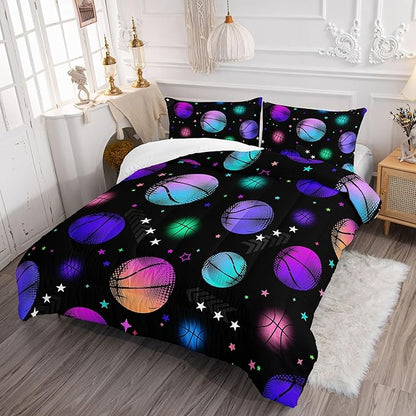 Datura home Kids Comforter Set Glowing Basketball Printed Pattern Bedding Set with 1 Comforter and 2 Pillowcases for Girls Boys Bedroom All Season(Basketball1 Queen)