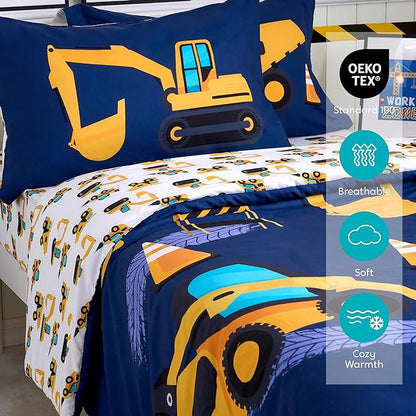 Joiedomi Kid Twin Comforter Set - 5 Piece Construction Vehicle Bedding Set for Boys/Girls - Super Soft Microfiber Bed in a Bag with Comforter, Sheets, Pillowcase & Sham