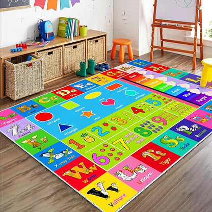 Kids Alphabet Play Game Rug - 5'x7' ABC Numbers and Shapes Educational Learning Toddler Carpet - Kids Room Playroom Classroom Kindergarten Activity Fun Soft Non-Slip Mat
