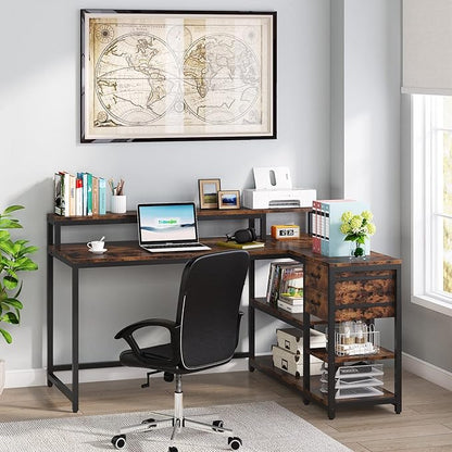 Reversible L-Shaped Computer Desk with hutch & Shelf,rustic