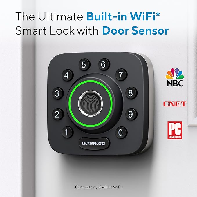 ULTRALOQ U-Bolt Pro WiFi Smart Lock with Door Sensor, 8-in-1 Keyless Entry Door Lock with Fingerprint ID, App Remote Control, Built-in WiFi Keypad Deadbolt, Auto Unlock, IP65 Waterproof, Easy Install
