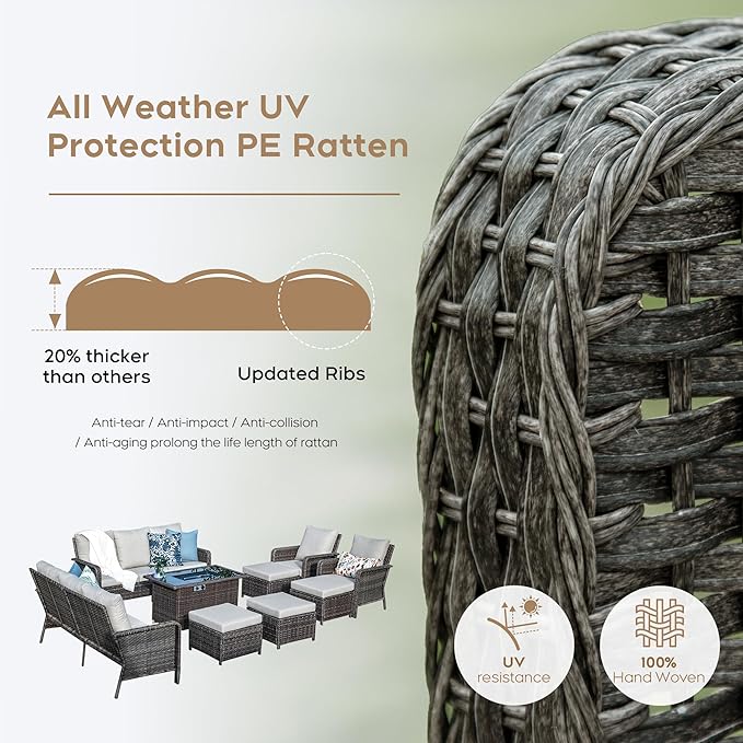 Yechen Patio Conversation Set 10 Seats with 44" Propane Gas Fire Pit Table - 7 Pcs Outdoor Wicker Furniture Set with Lid & Wind Shields - Sectional Sofa Set for Porch,Backyard