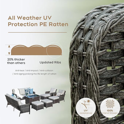 Yechen Patio Conversation Set 10 Seats with 44" Propane Gas Fire Pit Table - 7 Pcs Outdoor Wicker Furniture Set with Lid & Wind Shields - Sectional Sofa Set for Porch,Backyard