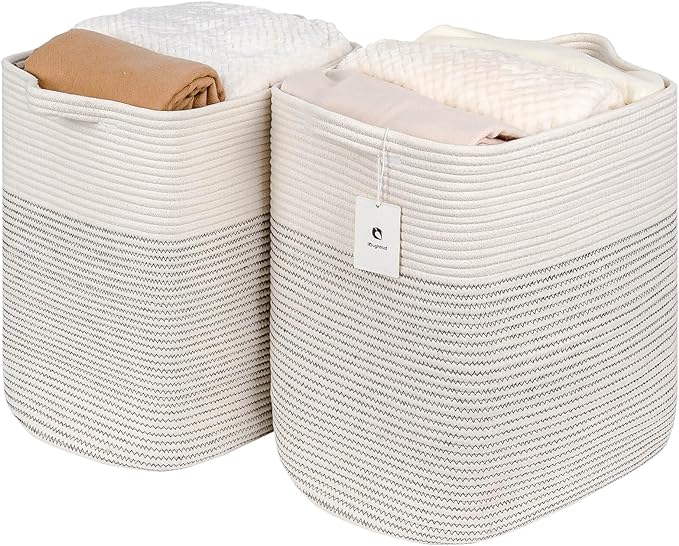 Cloth Large Blanket Basket,Storage Basket Bins Rectangle Small Woven Baskets for Storage, Nursery Cotton Rope Basket Living Room, Toy Basket For Organizing, Clothes Laundry Baskets set of 2