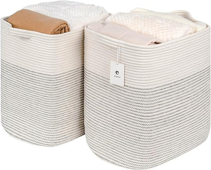 Cloth Large Blanket Basket,Storage Basket Bins Rectangle Small Woven Baskets for Storage, Nursery Cotton Rope Basket Living Room, Toy Basket For Organizing, Clothes Laundry Baskets set of 2