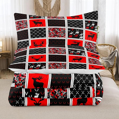 Tailor Shop Deer Comforter Sets for Kids Boys Teens Camo Comforter Sets Twin Size Black and Red Bedding Set Room Decor, Deer Antlers Bed Sets with 1 Pillowcase…
