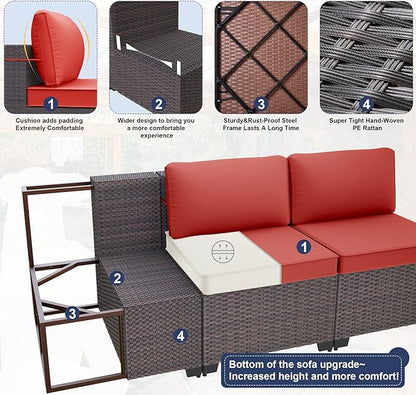 Patio Furniture Set 9-Pieces Outdoor Furniture for Backyard Wicker Sectional Sofa Set, Rattan Patio Conversation Set with Thickened Cushions and Glass Coffee Table, Red