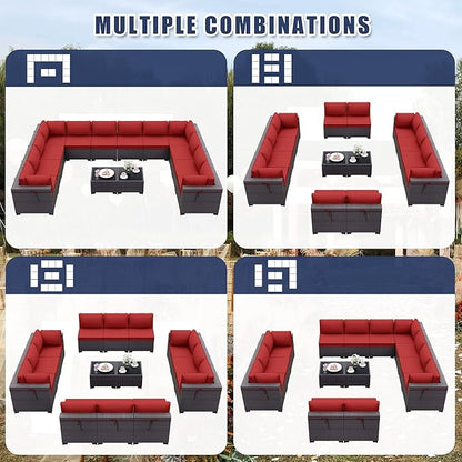 Patio Furniture Set 14-Pieces Outdoor Furniture for Backyard Wicker Sectional Sofa Set, Rattan Patio Conversation Set with Thickened Cushions and Glass Coffee Table, Red