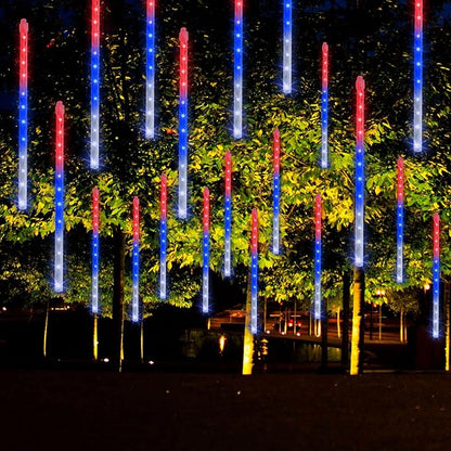 Dazzle Bright 4th of July Lights Decorations, 288LED Red Blue and White Meteor Shower Rain Lights 12Inch 8 Tubes, Waterproof Plug in Falling Rain Lights Independence Day for Outdoor Yard