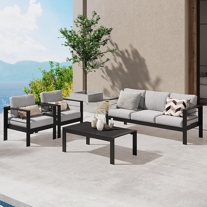 Wisteria Lane Aluminum Outdoor Patio Furniture Set, 4 Pcs Modern Outdoor Conversation Set Sectional Sofa with Upgrade Cushion and Coffee Table for Balcony,Black Frame and Grey Cushion
