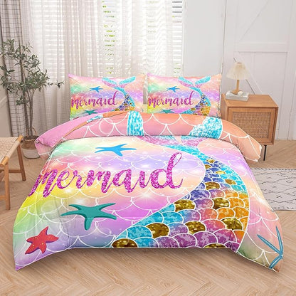 NINENINE Mermaid Tail Bedding Sets for Teens Girls,Full Size Princess Comforter Set,Rainbow Glitter Bedding Sets for Girls,Kids Fish Scales Bedding Sets with 1 Comforter 2Pillowcases