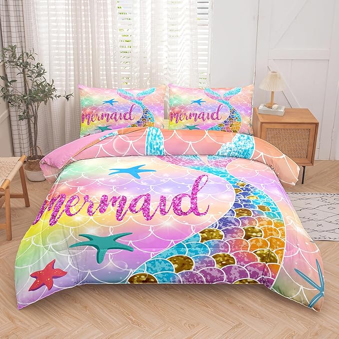 NINENINE Mermaid Comforter 5PCS Full Size Bedding Sets for Girls, Princess Comforter Sets for Girls, Glitter Bedding Set for Girls (1Comforter, 1Flat Sheet, 1Fitted Sheet, 2Pillowcases)