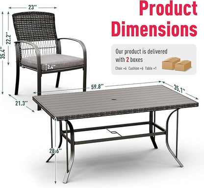 Pamapic Patio Table and Chairs Set, All-Weather Rattan Outdoor Table and Chairs with Removable Waterproof Cushions, Plastic-Wood Patio Dining Set for 6 with Umbrella Hole(Gray)