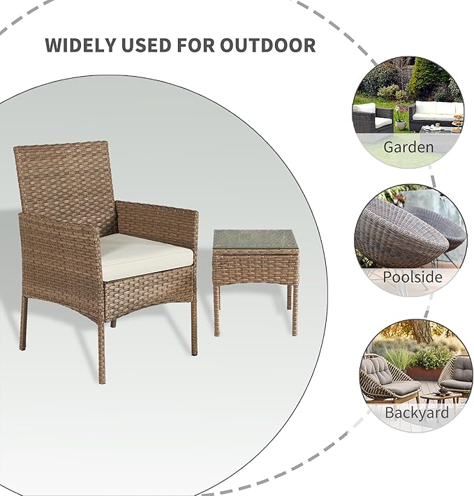 3 Pieces Patio Set Balcony Furniture Sets for Apartments.Bistro Furniture Set, Conversation Sets with Coffee Table, for Porch, Patio, Garden and Removable Cushions Beige