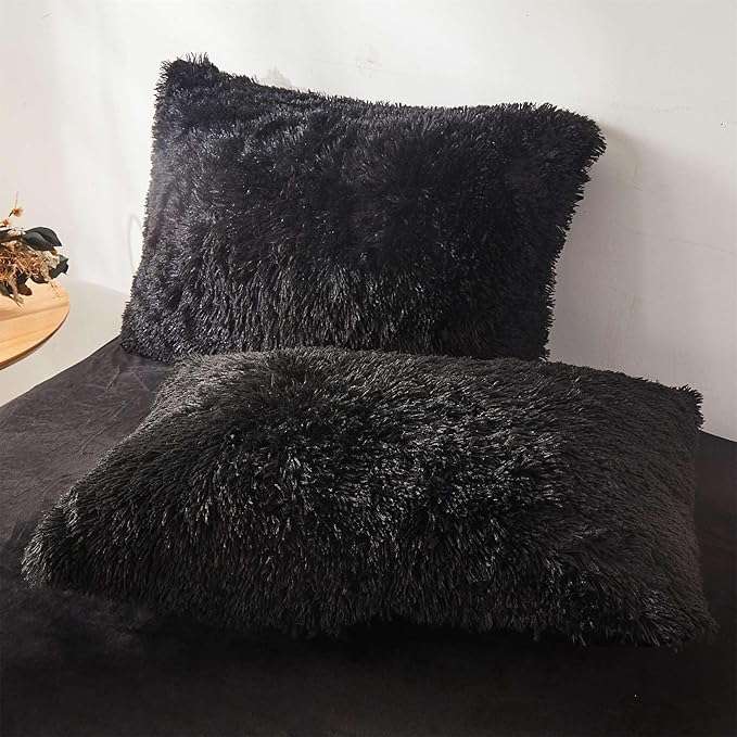 Fluffy black comforters Cover twin size - Ultra Soft Plush black bedding Sets 2 Pieces (1 faux fur comforter Cover + 1 fuzzy pillow case) girls shaggy black twin bed set (Black, Twin)