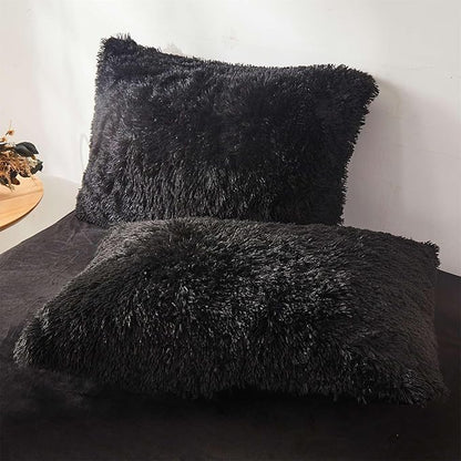 Fluffy black comforters Cover twin size - Ultra Soft Plush black bedding Sets 2 Pieces (1 faux fur comforter Cover + 1 fuzzy pillow case) girls shaggy black twin bed set (Black, Twin)
