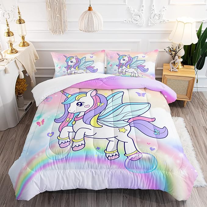 Unicorn Comforter Set for Girls Butterfly Bedding Set Rainbow Quilt Set Twin with 1 Comforter and 2 Pillowcases