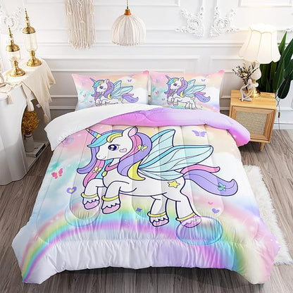 Unicorn Comforter Set for Girls Butterfly Bedding Set Rainbow Quilt Set Twin with 1 Comforter and 2 Pillowcases