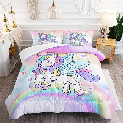 Unicorn Comforter Set for Girls Butterfly Bedding Set Rainbow Quilt Set Twin with 1 Comforter and 2 Pillowcases