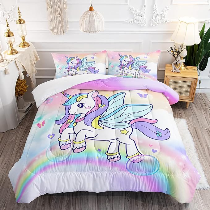Unicorn Comforter Set for Girls Butterfly Bedding Set Rainbow Quilt Set Twin with 1 Comforter and 2 Pillowcases