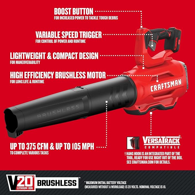 CRAFTSMAN 20V MAX Cordless Leaf Blower, Battery & Charger Included (CMCBL720M1) Red