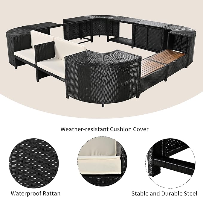 Outdoor Spa Surround Set Patio Furniture with Storage Space, Wood Seatings and Waterproof Cushions, Quadrilateral Rattan Sectional Sofa, for Backyard Deck Poolside, Onesize, Beige