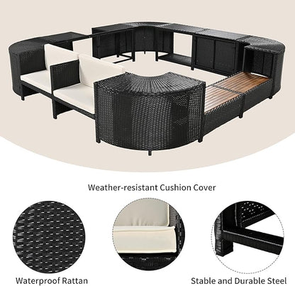 Outdoor Spa Surround Set Patio Furniture with Storage Space, Wood Seatings and Waterproof Cushions, Quadrilateral Rattan Sectional Sofa, for Backyard Deck Poolside, Onesize, Beige