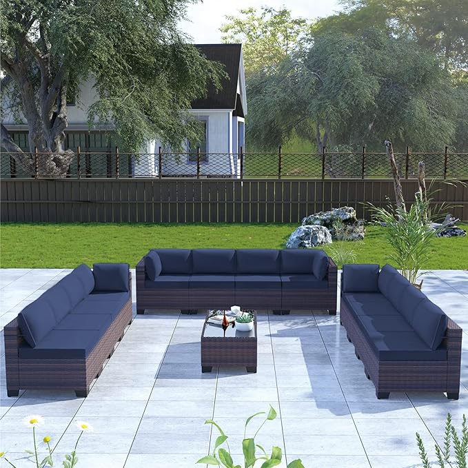 Kullavik 14PCS Outdoor Patio Furniture Set PE Wicker Rattan Sectional Sofa Patio Conversation Sets,Navy blue