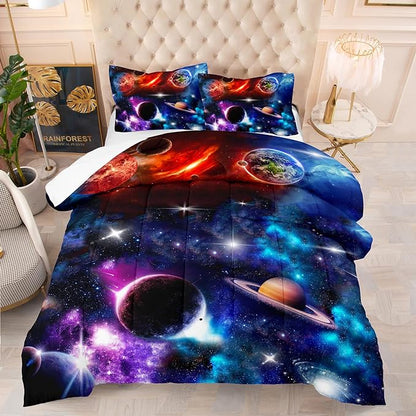 NINENINE Space Comforter Sets Galaxy Bedding Purple Comforter Twin Size Bedding Sets for Girls Earth Planets Stars Theme Solar Comforter System Bed Set with 1 Comforter 1 Pillowcase