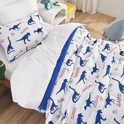 SLEEP ZONE Cartoon Dinosaur Comforter Set, Dark Blue Kids Bedding Set for Boys, Dinosaurs Print Comforter, Sheet, Pillowcase & Sham (Dinosaur Footprints, Twin)