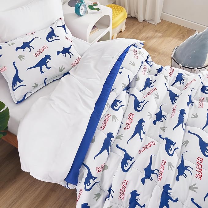 SLEEP ZONE Kids Bedding Set for Boys, Dinosaur Pattern, Super Soft and Breathable, All Season Use Comforter Set, 7 Pieces (Dinosaur Footprints, Full/Queen)
