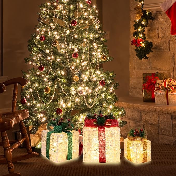 [Large 10"x8.5"x6.5" Christmas Set of 3 Lighted Clear Acrylic Gift Boxes Decorations Pre-lit 70 Super-Bright LED with Flashers,for Indoor Outdoor Pathway Holiday Party Home(Warm White)