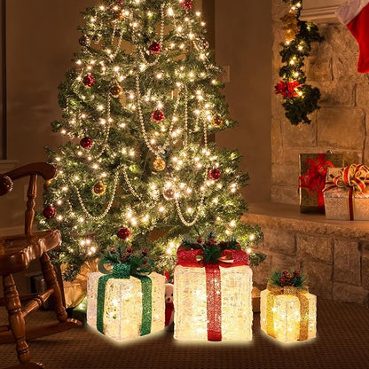 [Large 10"x8.5"x6.5" Christmas Set of 3 Lighted Clear Acrylic Gift Boxes Decorations Pre-lit 70 Super-Bright LED with Flashers,for Indoor Outdoor Pathway Holiday Party Home(Warm White)