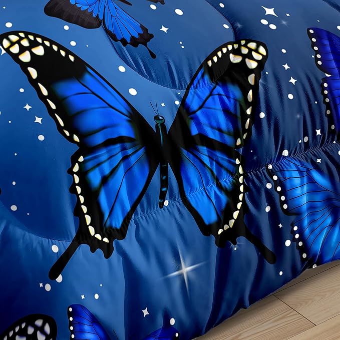 Blue Butterfly Comforter, Butterfly Bedding Set for Girls, Blue Butterflies with Sky Stars Prints Comforter Set for Women Girls Butterfly Bedding Twin Size Quilt Set, 1 Comforter + 1 Pillowcase