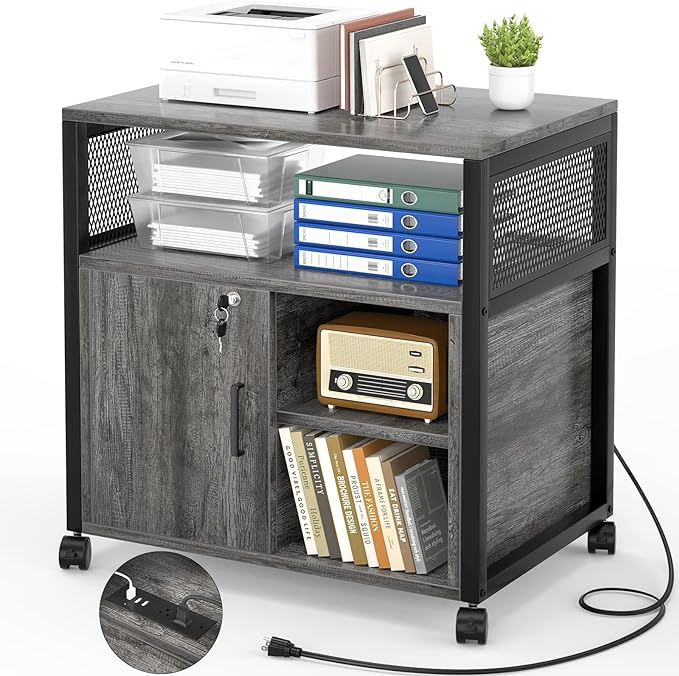 Unikito Rolling File Cabinet Lateral Office Filing Cabinets with Socket and USB Charging Port, Modern Printer Stand on Wheels Printer Cabinet with Door and Open Storage, Lockable, Black Oak