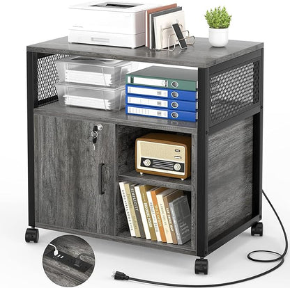 Unikito Rolling File Cabinet Lateral Office Filing Cabinets with Socket and USB Charging Port, Modern Printer Stand on Wheels Printer Cabinet with Door and Open Storage, Lockable, Black Oak