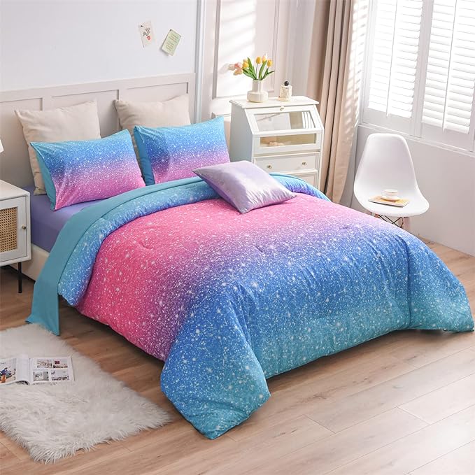 A Nice Night 6Pcs Gradient Glitter Bedding Set for Girls Queen Size, Colorful Rainbow Galaxy Comforter Set, Ultra Soft Bedding Sets, Blue