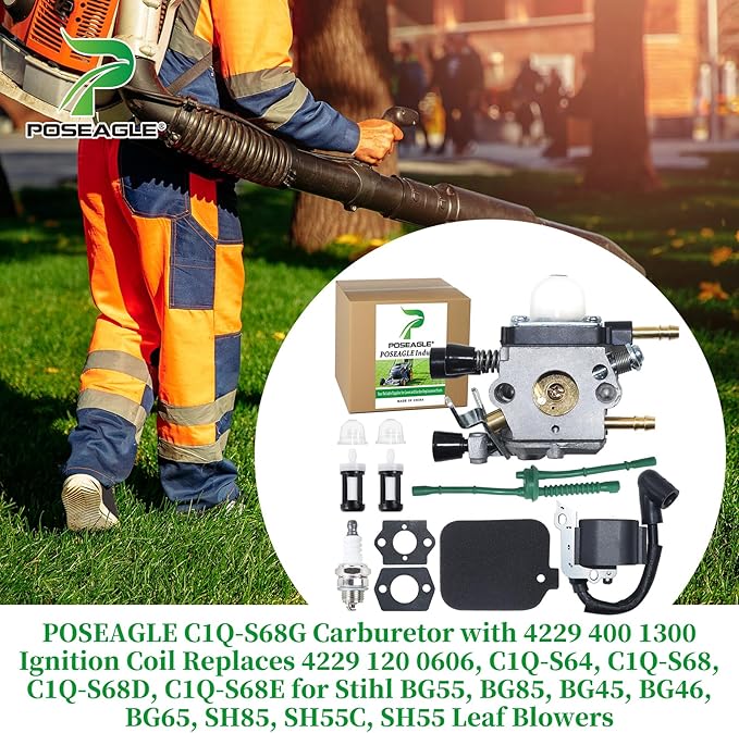 C1Q-S68G Carburetor with 4229 400 1300 Ignition Coil Replaces 4229 120 0606, C1Q-S64, C1Q-S68, C1Q-S68D, C1Q-S68E for Stihl BG55, BG85, BG45, BG46, BG65, SH85, SH55C, SH55 Leaf Blowers