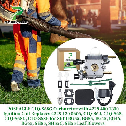 C1Q-S68G Carburetor with 4229 400 1300 Ignition Coil Replaces 4229 120 0606, C1Q-S64, C1Q-S68, C1Q-S68D, C1Q-S68E for Stihl BG55, BG85, BG45, BG46, BG65, SH85, SH55C, SH55 Leaf Blowers