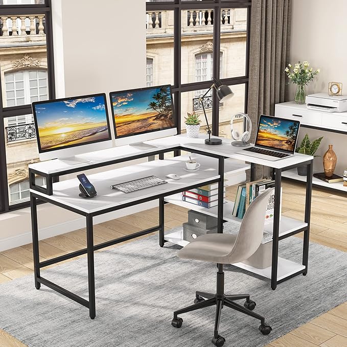 Reversible L Shaped Computer Desk with Storage Shelf, Industrial Corner Desk with Monitor Stand for Home Office
