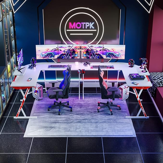 MOTPK White Gaming Desk L Shaped, Gamer Desk Gaming Table with Carbon Fiber Surface, Corner Computer Desk L Shape with Cup Holder & Headphone Hook, 51 Inch