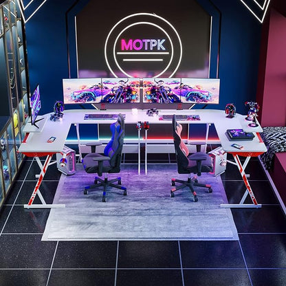 MOTPK White Gaming Desk L Shaped, Gamer Desk Gaming Table with Carbon Fiber Surface, Corner Computer Desk L Shape with Cup Holder & Headphone Hook, 51 Inch