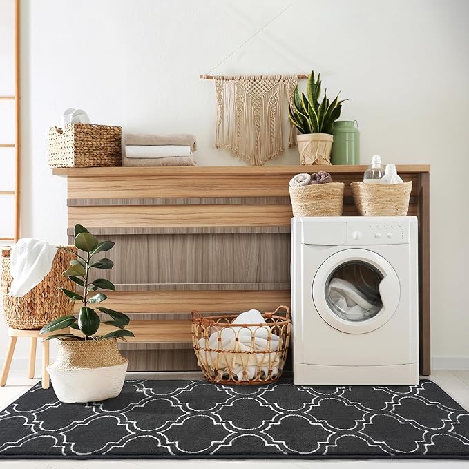 Chicrug Shag Geometric Modern Runner Rug for Bedroom, 2x6 Feet Memory Foam Indoor Hallway Runner Carpet, Fluffy Rug for Living Room Bedside Room Decor for Family, Dark Grey/White