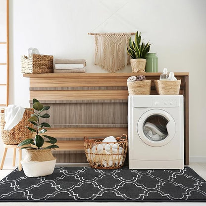 Chicrug Shag Geometric Modern Runner Rug for Bedroom, 2x6 Feet Memory Foam Indoor Hallway Runner Carpet, Fluffy Rug for Living Room Bedside Room Decor for Family, Dark Grey/White
