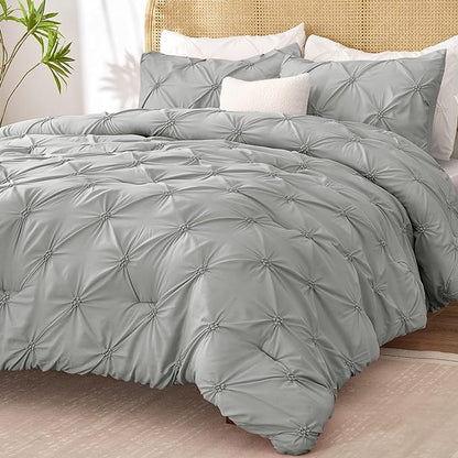 BEDELITE Grey King Size Comforter Set - 3 Pieces Boho Pintuck Bedding Comforter Sets, Lightweight Soft & Warm King Bedding Set with 2 Pillowcases for All Season