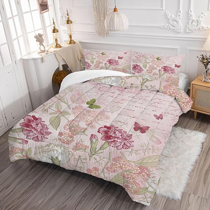 kxry Pink Flower Comforter Sets Butterfly Bedding Sets Queen Size Comforter Set for Girls Women Kids 1 Comforter + 2 Pillow Case