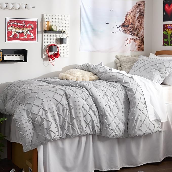 Bedsure Twin/Twin XL Comforter Set - Light Grey Boho Twin Extra Long Comforter Set for College, Shabby Chic Dorm Bedding Set, 2 Pieces Modern Farmhouse Bed Set, includes 1 Pillow Sham